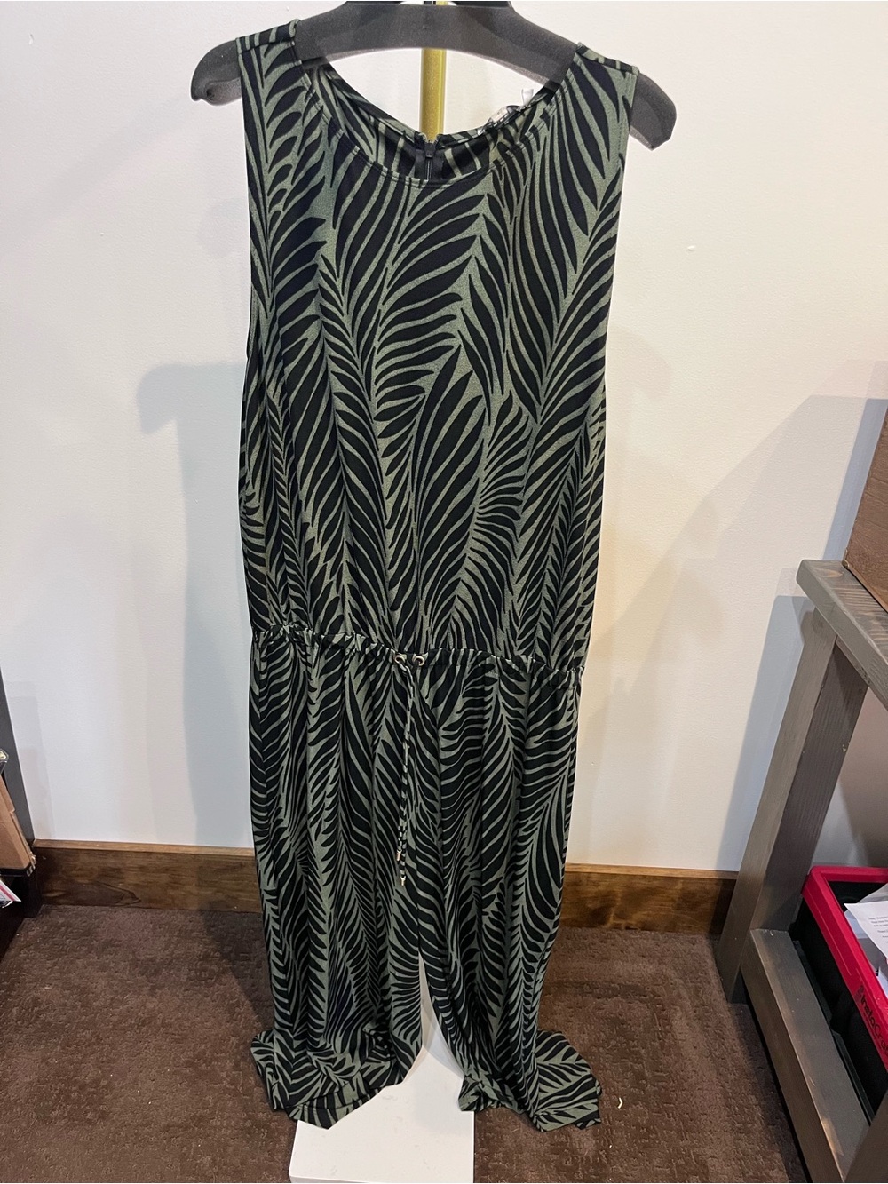 Chico's Olive Green and Black Leaf-Print Jumpsuit